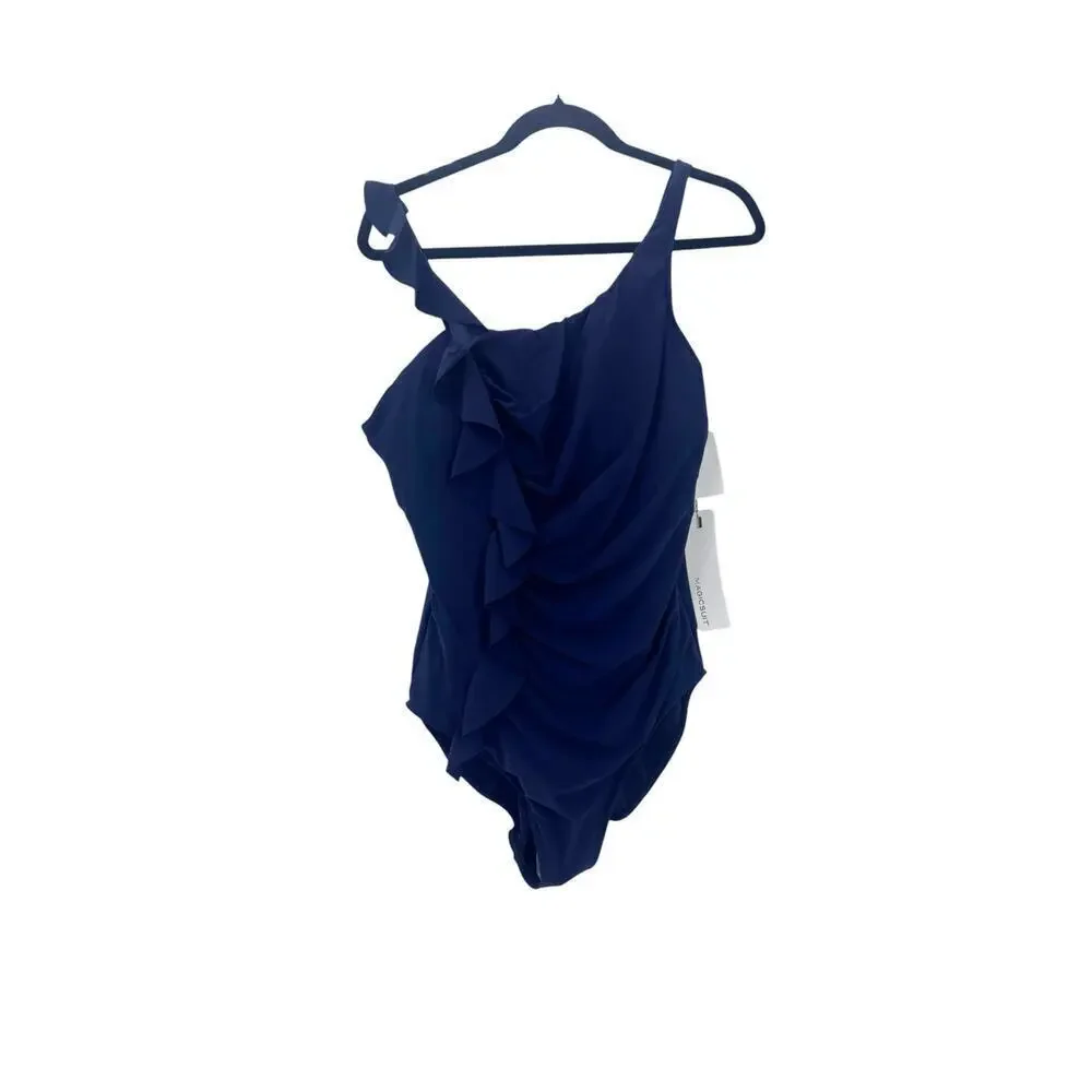 Magicsuit One-Shoulder Ruffle One Piece Swimsuit in Navy Blue Size 16 NWT